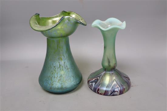 Two Loetz-style iridescent glass vases, tallest 20cm